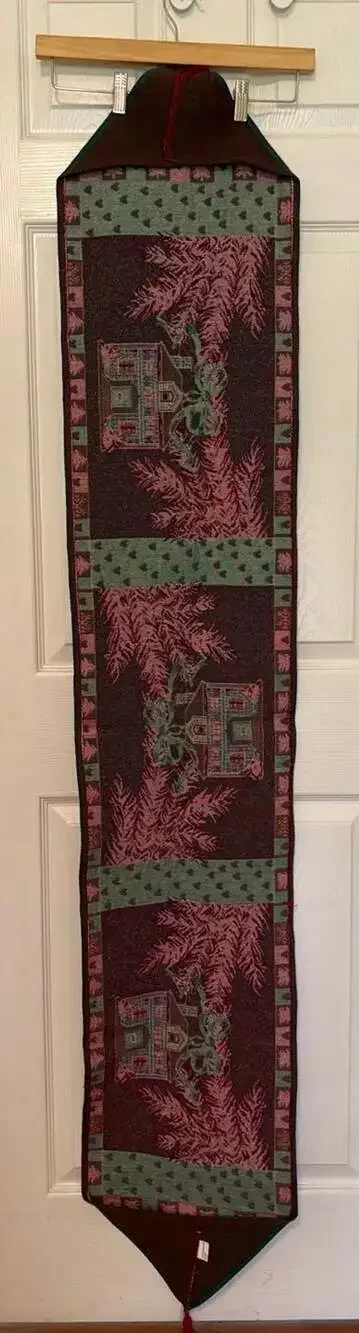 EUC Christmas Tapestry Table Runner Size 74x13 Red Green House Pine Trees Tassel